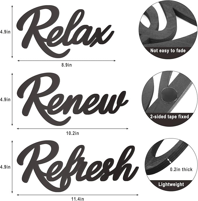 3 Pieces Bathroom Decor Black Wooden Bath Room Sign Bathroom Wall Art Farmhouse Relax Renew Refresh Sign (black)