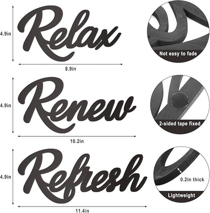 3 Pieces Bathroom Decor Black Wooden Bath Room Sign Bathroom Wall Art Farmhouse Relax Renew Refresh Sign (black)