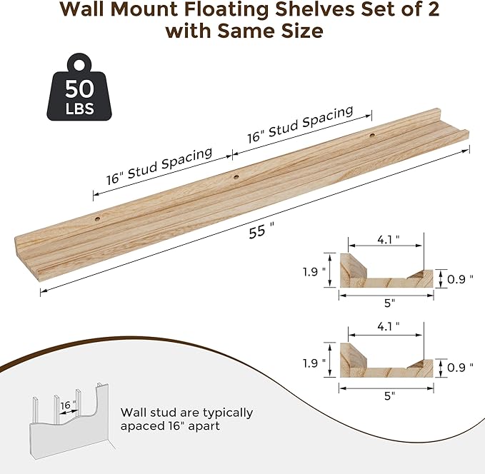 RICHFOCUS Floating Shelves for Wall, 55 inch Solid Wood Picture Ledge Shelf for Wall Storage, Nursery Book Shelves with Lip for Living Room Bathroom Bedroom Kitchen, Set of 2, Carbonized Black