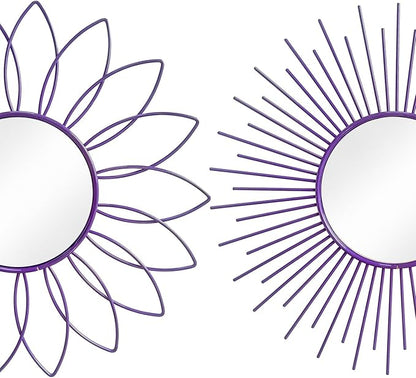 3 Pack Metal Mirrors for Wall Sunburst Wall Mirrors Home Décor Decorative Hanging Wall Art for Living Room Bedroom Entryway (Purple, Flower+Sunburst)