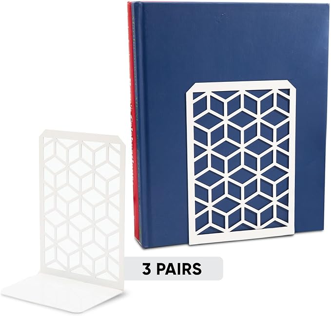 Geomod 3D Cube White Metal Bookends Decorative for Heavy Books - Sturdy Boho Book Stops - Minimal Book Shelf Stopper - Durable Office Bookends - Weighted Metal Book Holders - 7x4.75 Inches - 3 Pair
