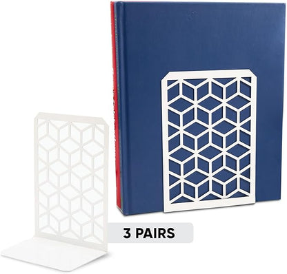 Geomod 3D Cube White Metal Bookends Decorative for Heavy Books - Sturdy Boho Book Stops - Minimal Book Shelf Stopper - Durable Office Bookends - Weighted Metal Book Holders - 7x4.75 Inches - 3 Pair