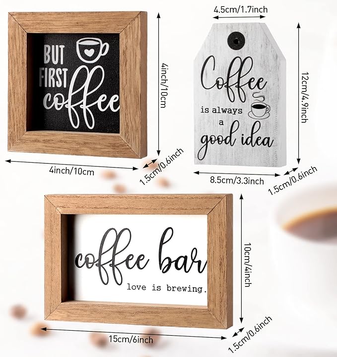 3 Pieces Coffee Bar Decor Sign But First Coffee Wood Sign Mini Farmhouse Wall Rustic Wooden Art Plaque Bar Tabletop Shelf Accessories for Tier Tray Decor Home Office Kitchen
