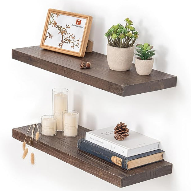 Fun Memories Floating Shelves for Wall, 24"x9.3" Rustic Solid Elm Wood Shelves, Heavy-Duty Wall Mounted Shelves with Invisible Brackets, Set of 2 for Living Room, Bedroom, Kitchen, Walnut Finish