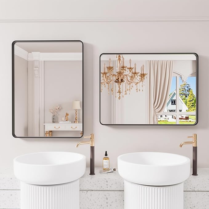 Black Bathroom Mirror 21X30 Inch, Black Metal Framed Mirror for Wall, Rounded Rectangle Matte Bathroom Vanity Mirror with Tempered Glass, Anti-Rust, Horizontal/Vertical