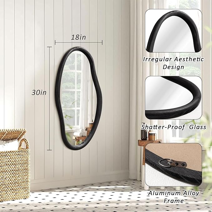 JJUUYOU Irregular Wall Mirror Black Asymmetrical Wooden Mirror 30