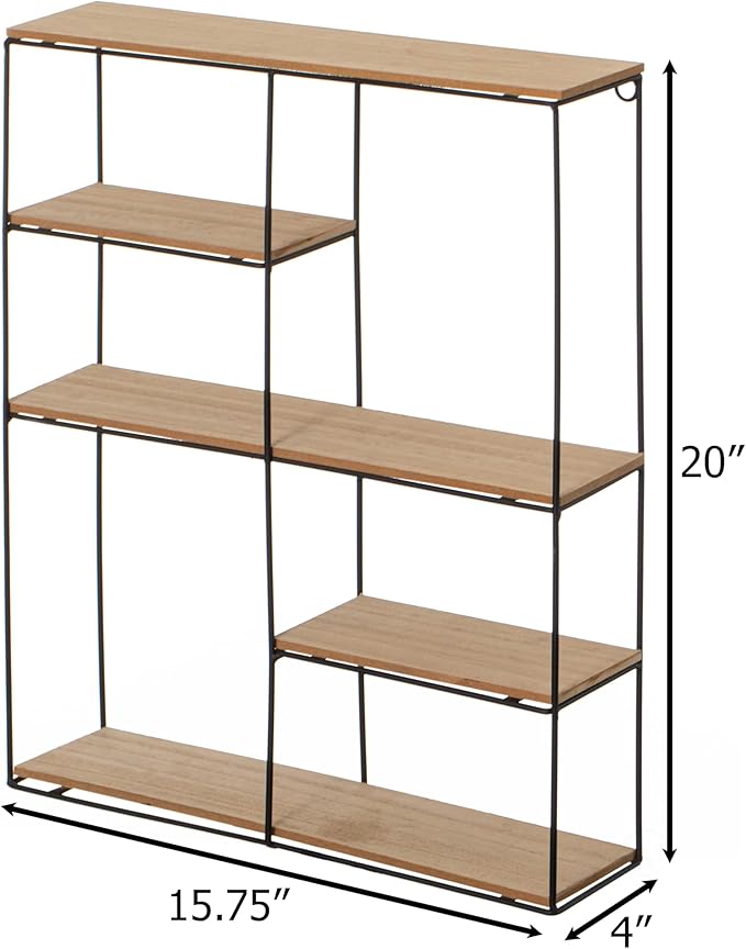 Vintiquewise Rectangular 4-Tier Floating Wall Shelf - Metal and Wood Wall-Mounted Display Shelf - Multi-Functional Wall Storage, Perfect for Entryway, Bathroom, Bedroom, Living Room, or Office