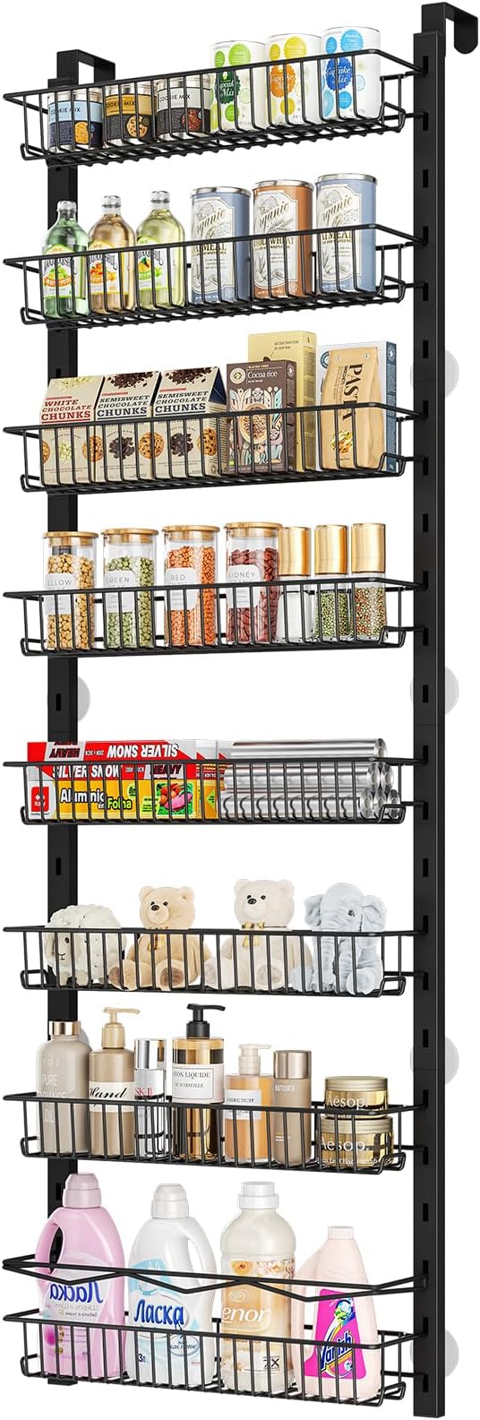 MIAOLI Over the Door Pantry Organizer, 8-Tier Adjustable Spice Rack Cabinet Door Shelves, Hanging Seasoning Organizer for Kitchen Bathroom, Laundry Room Organization, Black