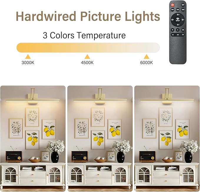 Tipace Hard-Wired LED Picture Light Fixtures,3CCT Dimmable Metal Artwork Display Lamp with Remote Control,Gold Modern Gallery Lights Wall Lights for Picture Display