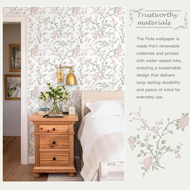 Floral Wallpaper Pink/Green Wallpaper Vintage Peel and Stick Wall Paper Boho Botanical Contact Paper for Cabinets Bird Butterfly Renter Friendly Self-Adhesive Bathroom Bedroom 78.7"×17.3"