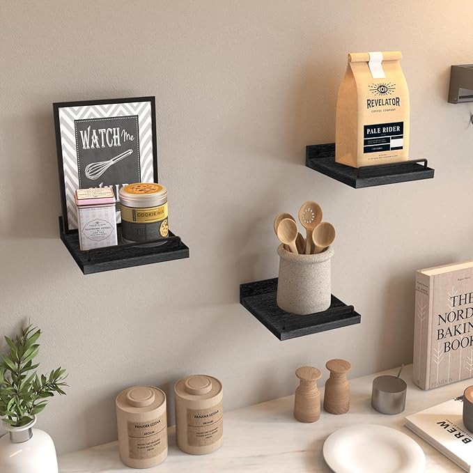 Small Floating Shelf, 6 X 6 Inches Farmhouse Wall Shelves for Living Room, Bedroom, Picture Frames, Plants, Kitchen, Set of 3 (Black)