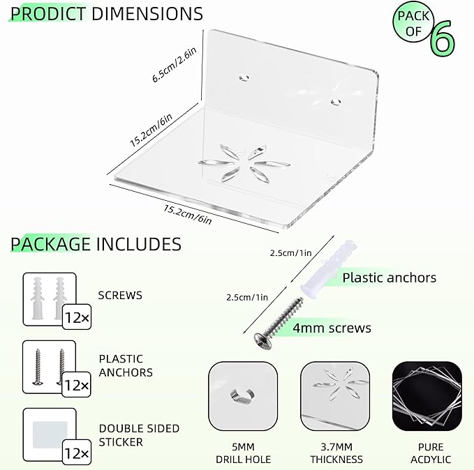 Acrylic Wall Shelves,Clear 6 inch Floating Shelves for Display,Echo,Cameras,Speaker,Plant,Router Wall Mounted Transparent Small Invisible Shelves with Adhesive Bedroom Bathroom Living Room Decoration
