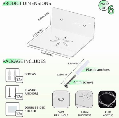 Acrylic Wall Shelves,Clear 6 inch Floating Shelves for Display,Echo,Cameras,Speaker,Plant,Router Wall Mounted Transparent Small Invisible Shelves with Adhesive Bedroom Bathroom Living Room Decoration