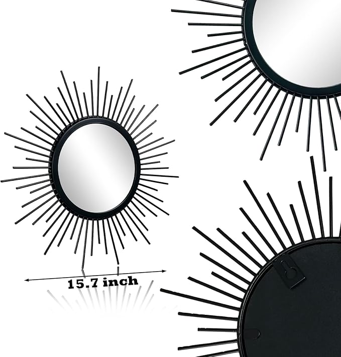 Cityelf 3 Set Black Mirrors for Wall Decor Metal Mirrors Small Mirror Sets Hanging Mirror Wall Sculpture for Bedroom Living Room Entryway
