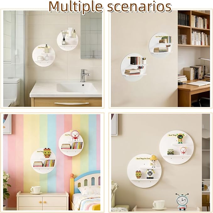 Round Wall Mounted Floating Shelves, 2-Tier Decorative Display Shelf with Customizable Message Board, Minimalist Wall Shelf for Candles, Plants, Small Decor (White)
