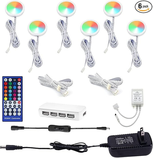 AIBOO Color Changing Christmas Xmas Decor Under Cabinet LED Lighting IR Remote Control Multi Color Puck Lights for Kitchen Shelf Counter Furniture Holiday Lighting 6 Lights 18W RGBW RGB + White