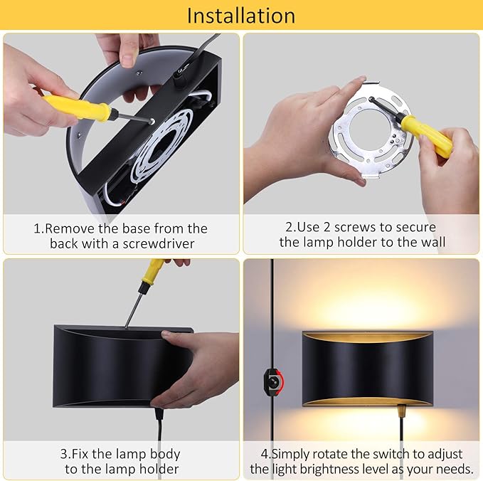 Lightess Wall Lamp Plug in 12W Modern LED Wall Lights Dimmable Indoor Up Down Wall Lamp for Bedroom Living Room Hallway, Black, Warm White