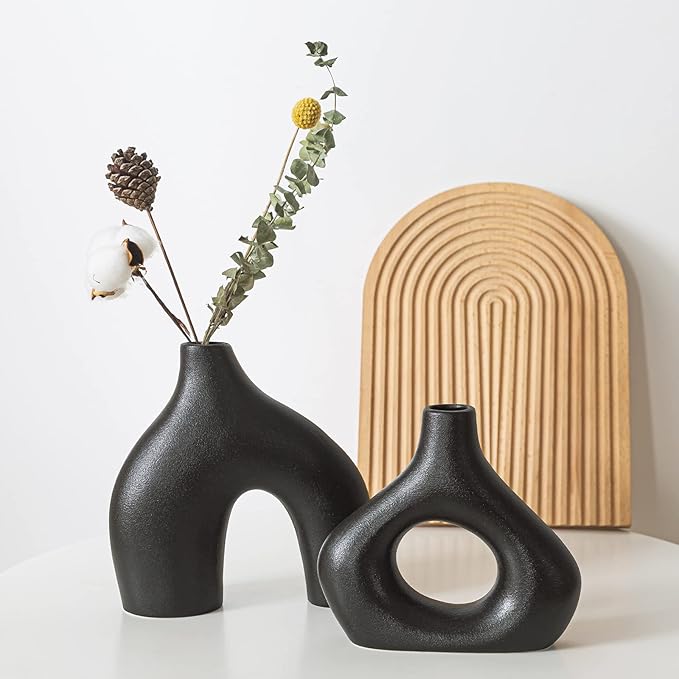 BLACK Ceramic Vase Set of 2 for Modern Home Decor, Round Matte Donut Vases for Pampas Grass, Neutral Boho Nordic Minimalism Style Flower Vases for Living Room Wedding Dinner Table Party Office Bedroom