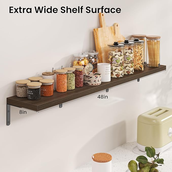 Marsmiles Extra Wide Floating Shelves for Wall, 48x8 Inch Natural Wood Grain Bookshelves, Heavy Duty Mounted Shelving for Bathroom, Kitchen, Living Room, Bedroom,Set of 2，Walnut