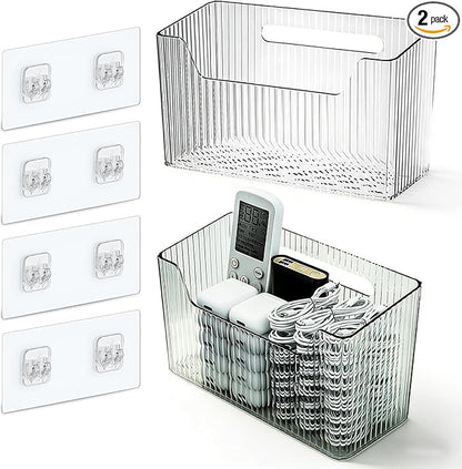 Set Of 2 Storage Organizer Bins Wall Mounted Shower Basket, Shower Caddy Stackable Clear Plastic Makeup Organizer Adhesive Hanging Bin for Bathroom, Kitchen, Cabinet, Pantry, BPA Free, Clear