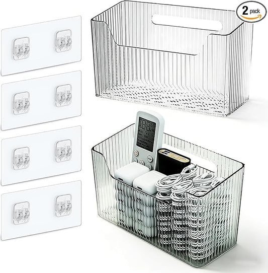 Set Of 2 Storage Organizer Bins Wall Mounted Shower Basket, Shower Caddy Stackable Clear Plastic Makeup Organizer Adhesive Hanging Bin for Bathroom, Kitchen, Cabinet, Pantry, BPA Free, Clear