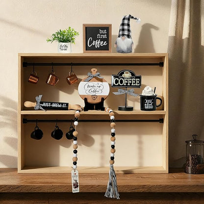 Cute Farmhouse Coffee Bar Decor Set for Tiered Tray, Rustic Black White Coffee Decorations with Gnome, Bead Garland & Rolling Pin, Coffee Bar Accessories for Kitchen Counter