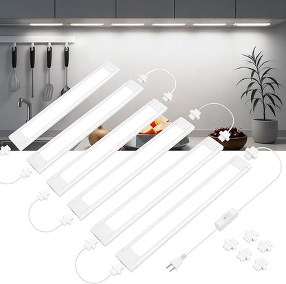 maylit Under Cabinet Lighting Plug in, 6 Pcs 14 Inch Linkable Ultra Bright LED Light Bars, Renter Friendly Lamp, Wired Indoor Lights for Kitchen Cabinet, Counter, Workbench, Desk, Shelf, Cool White