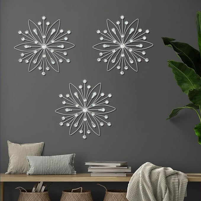 ZEXUIRU 3 Pack Silver Sunburst Wall Decor – Metal Crystal Wall Art with Sparkling Rhinestones, 14’’/18 Inch Starburst Wall Hanging Set for Living Room Bedroom Bathroom – Modern Bling Home Decorations