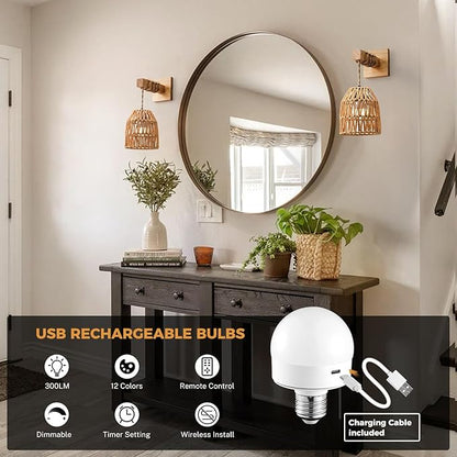 Rattan Wall Sconces Battery Operated, Boho Wall Sconce, Battery Operated Wall Sconce Set of Two, Rechargeable Woven Lantern Wireless Wall Light/Lamp for Bedroom Home Decor