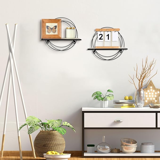 3 Pcs Floating Shelves Wall Mounted Hanging Shelf with Metal Wire and Wood, Foldable Round Shelf Wall Decor for Storage Bedroom Bathroom Living Room Kitchen Office Home Decoration (Black)