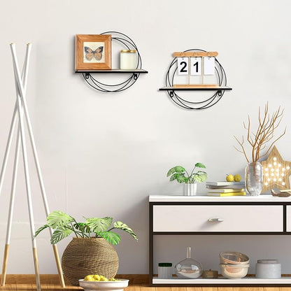 3 Pcs Floating Shelves Wall Mounted Hanging Shelf with Metal Wire and Wood, Foldable Round Shelf Wall Decor for Storage Bedroom Bathroom Living Room Kitchen Office Home Decoration (Black)