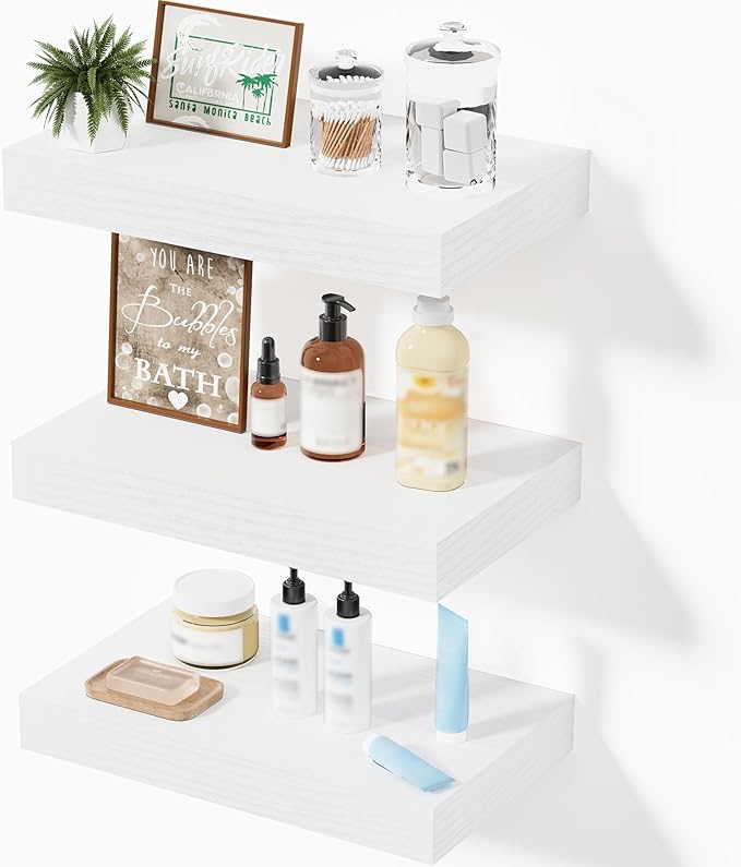 Floating Shelves for Wall, Bathroom Shelves Over Toilet, Wall Shelves & Book Shelf for Room, Hanging Shelf, Modern Wooden Wall-Mounted Small Floating Shelves, 12x7x1.5 in (White, Set of 3)
