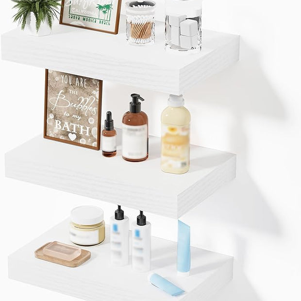 Floating Shelves for Wall, Bathroom Shelves Over Toilet, Wall Shelves & Book Shelf for Room, Hanging Shelf, Modern Wooden Wall-Mounted Small Floating Shelves, 12x7x1.5 in (White, Set of 3)