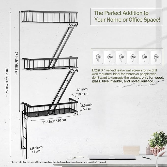 Fire Escape Wall Shelf - New York Decorative Ladder Shelf, Wall Art Floating Shelf Black Metal Shelves for Bedroom, Home Office Storage and Display (3-Tier)