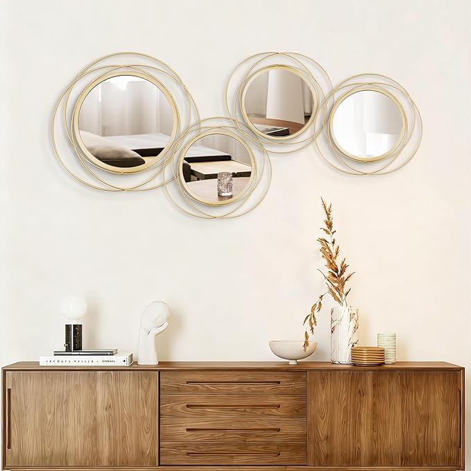 Cityelf 4 Set Mixed Size Gold Circle Mirrors Wall Decor Iron Frame Wall Art Round Mirror Home Decor Hanging for Living Room/Bedroom/Bathroom/Entryway