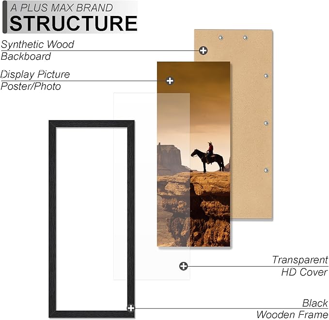 A PLUS MAX 8x16 Picture Frame Set of 4, Black Engineered Wood Frame for 8 x 16 Inch Picture Poster Photo, Light Weight 8 by 16 Frame with Wood-grain for Wall - 4 Pack/Black/8