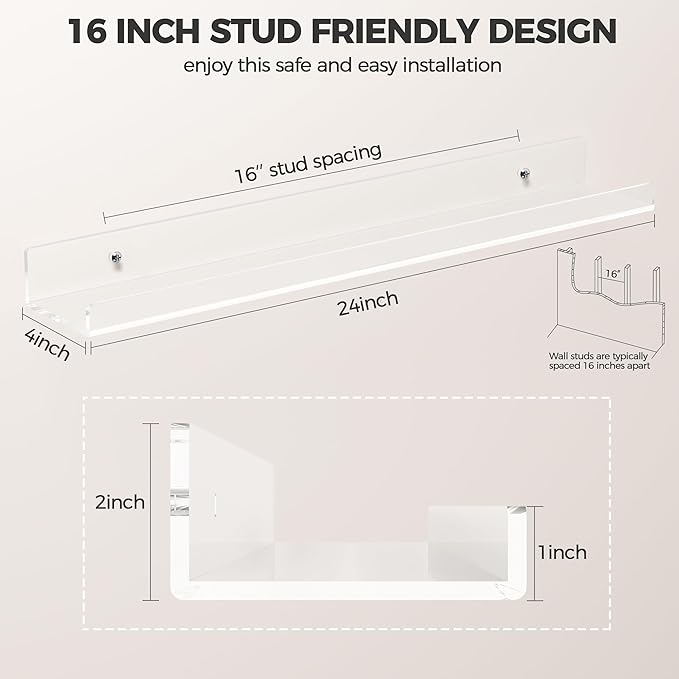 HBlife 24 Inches Floating Shelves Wall Mounted Clear Acrylic Shelves for Figures, 16 Inch Stud Spacing Invisible Floating Bookshelf for Kids and Nursery, 6 Pack (5MM Thick)