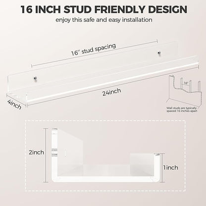 HBlife 24 Inches Floating Shelves Wall Mounted Clear Acrylic Shelves for Figures, 16 Inch Stud Spacing Invisible Floating Bookshelf for Kids and Nursery, 6 Pack (5MM Thick)