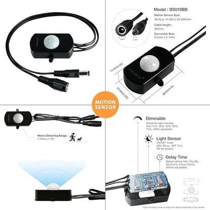 Sensky Dimmable PIR Motion Sensor LED Under Cabinet Lighting Kit Extendable Under Counter LED Light with Motion Sensor for Gun Safe Lighting,Shelf,TV Wall Lighting,Mirror,Bedroom(8.2FT,2800-3200K)