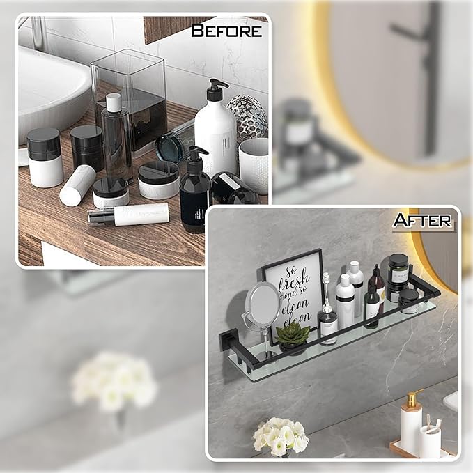 Glass Shelf for Bathroom Wall Sheves 24 inch Rectangular Stainless Steel Tempered Glass Modern Stainless Steel Wall Mount Accessories Organizers Storage (Matte Black)