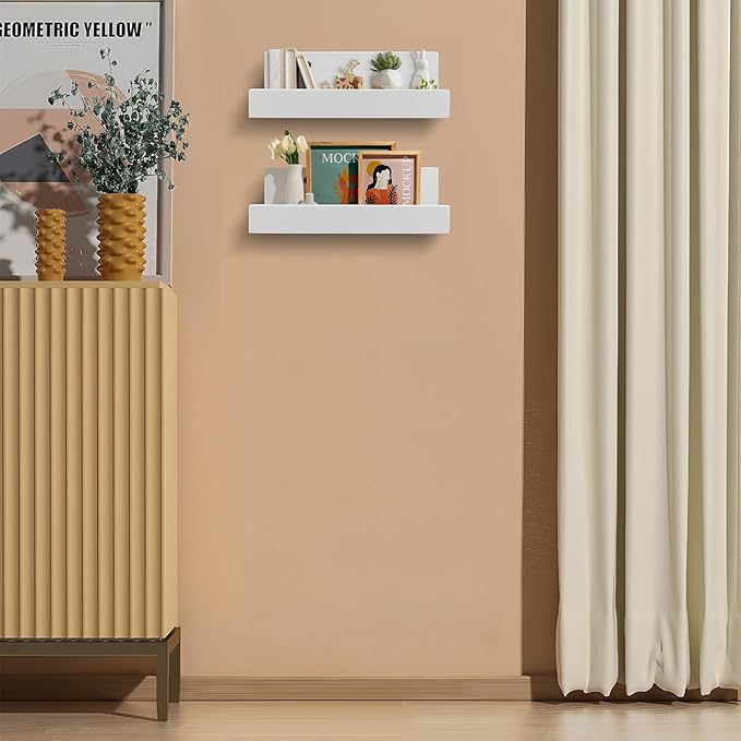 Z metnal Small Floating Shelves, Natural Wooden Display Wall Shelf for Picture Ledge, Nursery Floating Shelves, White, Wall Mounted, 12 x 5.5 inch, 2 Pcs