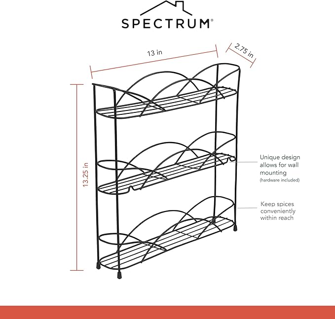 Spectrum 3 Tier Spice Rack Organizer Black Countertop Wire Shelf Spice Rack for Modern Kitchen Pantry Cabinet, Organize Spices with Three Tier Spice Shelf for Kitchen Storage with Wall Mount Option