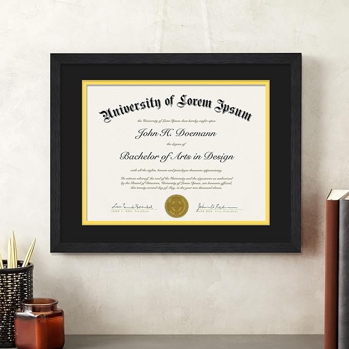 A PLUS MAX 11x14 Diploma Frame Display 8.5 x 11 Certificate with Black & Gold Mat, Engineered Wood Document Frame with Black Wood Grain for Masters Associates Bachelor Degree - 1 Pack