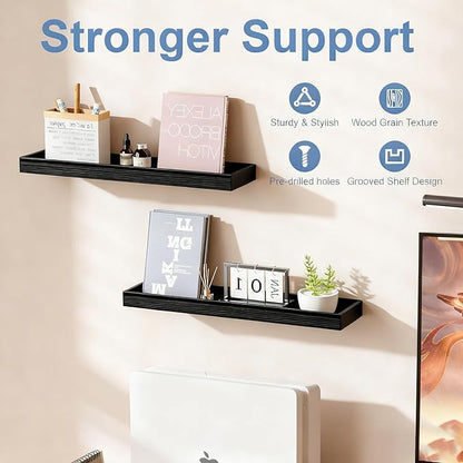 Floating Shelves with Raised Lip for Wall, 15.7 Inch Black Wooden Floating Wall Shelves, Set of 2, Wall Shelves for Bedroom Bathroom Living Room, Rustic Storage Display Shelves