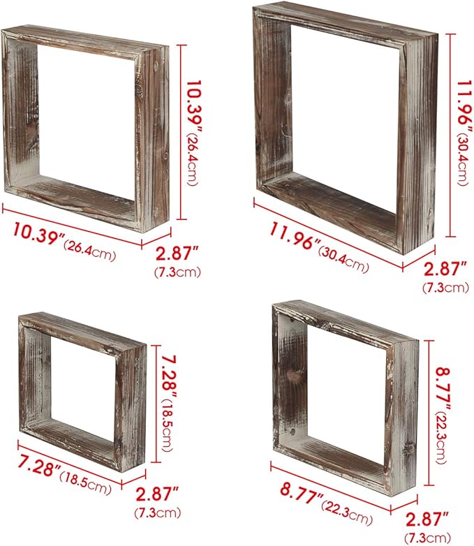 J JACKCUBE DESIGN Wall Decor Floating Hanging Square Shelves Wall Mounted Rustic Wood Cube Display Shelf Shadow Boxes Decorative Boho Home Décor for Living Room, Bedroom, Office, Set of 4 - MK571A