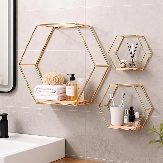 3 Pieces Hexagon Floating Shelves, Hexagon Wall Shelves, Gold Metal Wall Shelves with Wooden Panels – Modern Wall Decor for Bedroom, Living Room & Office Storage (Gold)