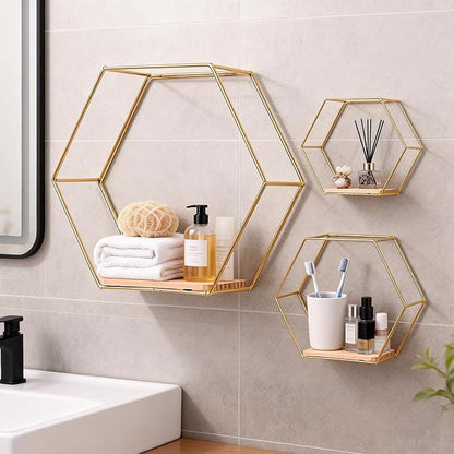 3 Pieces Hexagon Floating Shelves, Hexagon Wall Shelves, Gold Metal Wall Shelves with Wooden Panels – Modern Wall Decor for Bedroom, Living Room & Office Storage (Gold)