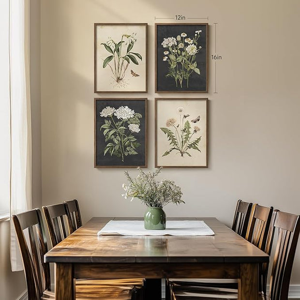 Framed Botanical Wall Art for Living Room, 4 Piece Rustic Floral Canvas Paintings Prints ArtWork for Walls, Vintage Flower Butterfly Pictures for Farmhouse Dining Room Hallway Bedroom Kitchen Bathroom Wall Decor