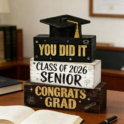 2026 Graduation Table Decorations Class of 2026 Senior Tiered Tray Decor Wooden Hat Block Signs Farmhouse Congrats Grad Tabletop Party Centerpiece for Tables Wooden Sign for Home Decor