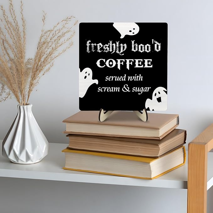 Freshly Boo'd Coffee Wood Sign, Halloween Coffee Bar Decor, Scream Sugar Spooky Season Haunted House Signs Ghosts Fall Shelf Sitter Kitchen Rustic Farmhouse Home Decor Wooden Plaque Sign